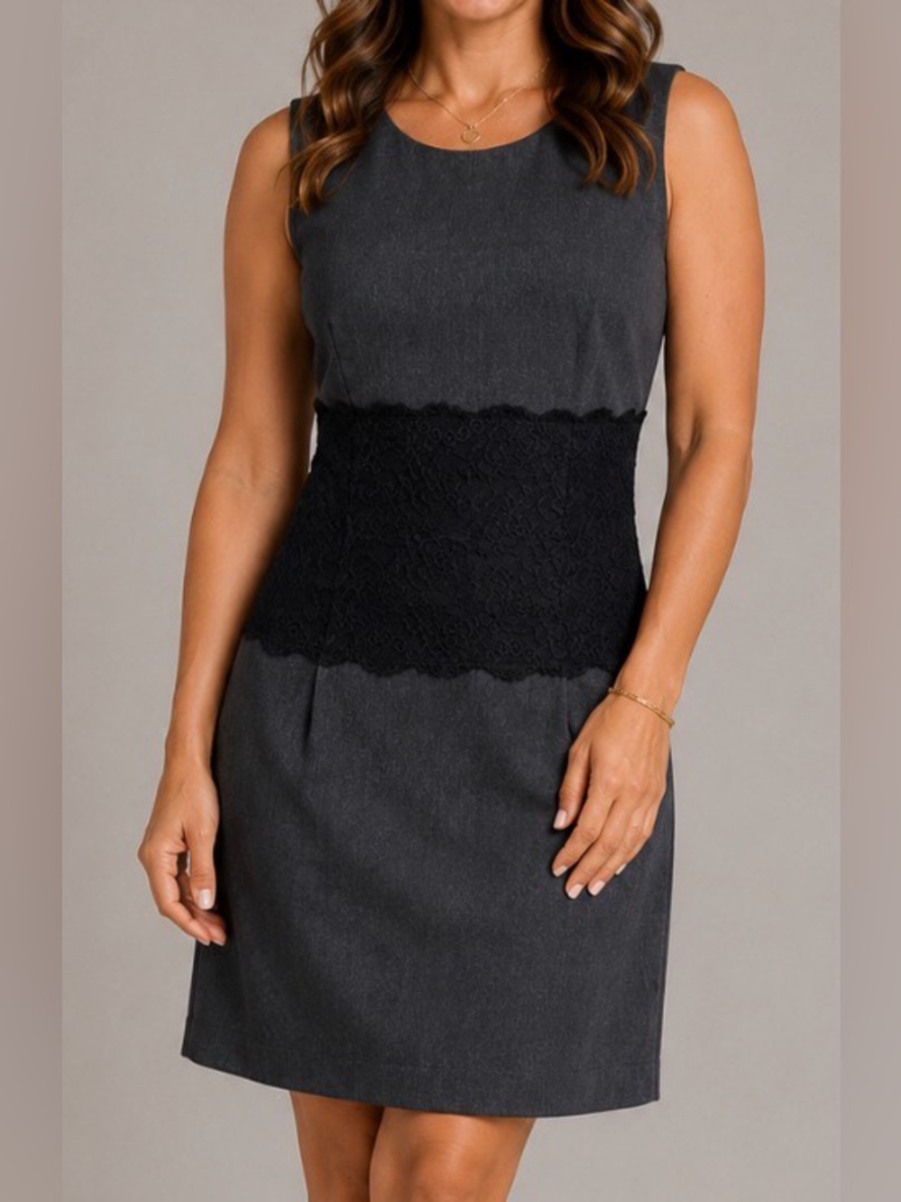 Suzy Shier Grey Midi Cocktail Dress with Black Lace Accent Size Medium
